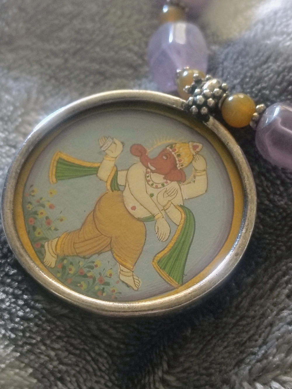 925 Silver Ganesha Pendant On Amethyst Beaded Necklace